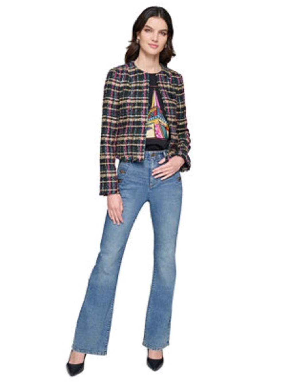 Karl Lagerfeld Multicolor Tweed Cropped Blazer Size 4 Luxury Designer Career - Picture 14 of 15